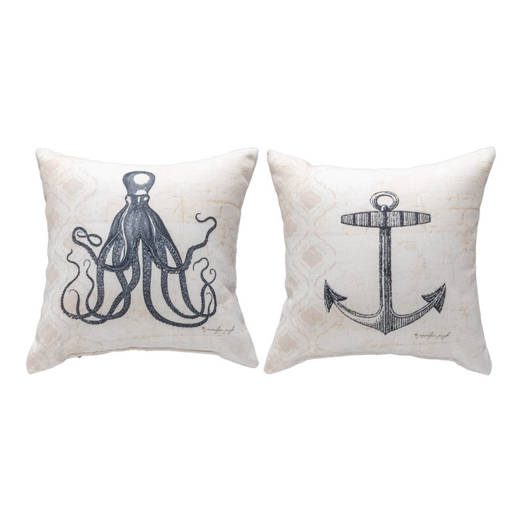 Reversible Navy Octopus & Anchor Coastal Pillow