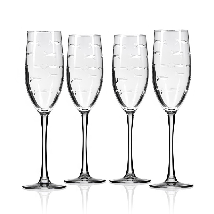 Set of Four Engraved School of Fish Stemmed Flute Glasses Set of Four Engraved School of Fish Stemmed Flute Glasses