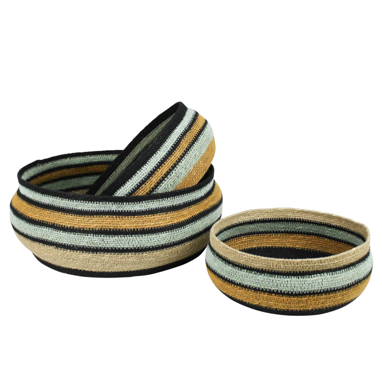 Tomales Blue Striped Seagrass Woven Low Baskets