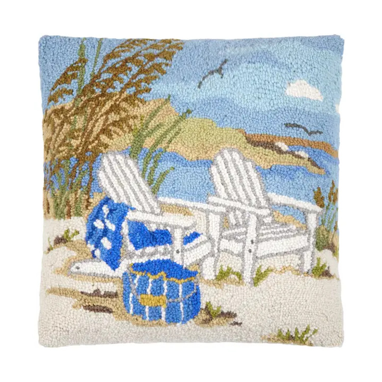 Waterside Adirondack Chairs Wool Hooked Pillow