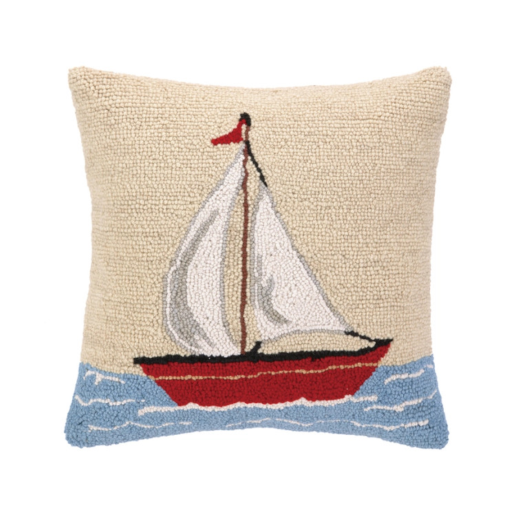 Red Skipper Sail Boat Wool Hooked Pillow