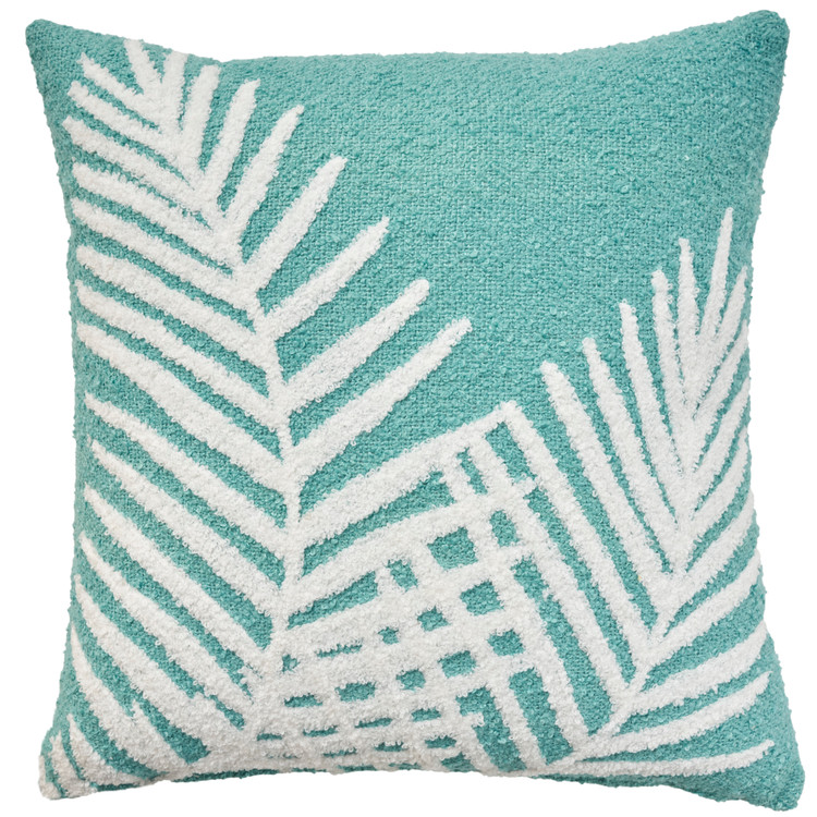 Embroidered Palm Leaf Turquoise Indoor-Outdoor Pillow