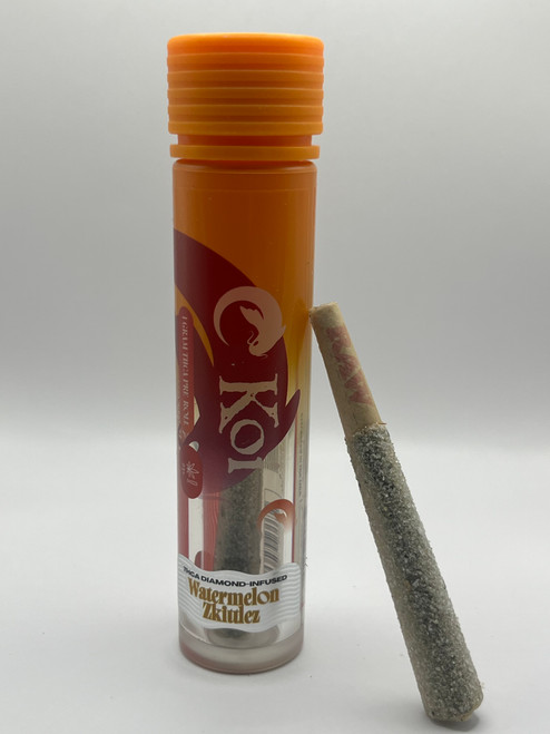Mid-Town Greenz Watermelon Zkittles pre-roll in with labeled Mid-Town Greenz Watermelon Zkittles pre-roll in with labeled