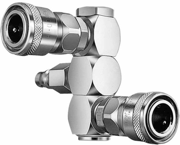 NITTO, rotary line coupler RT-type,steel chrome plated, inlet 1x20PF, outlet 2x20SH, IMPA 351656 , Price Per PCE, HS-Code 7326200090, Origin JP, IMPA 351656, Weight 0.49Kg, Nitto Kohki, Quality A