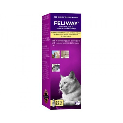 FELIWAY SPRAY 60ML

Feliway Spray is a unique fragrance designed to keep your cat's anxiety at bay. 

Ideal for use when moving house with a cat or in an environment that houses multiple pets, the spray contains a pheromone that has a calming affect on cats. Best of all the scent is mostly undetectable to humans.

Feliway will stop cats from continuously scratching, meowing or urinating in unwanted areas. 

Use the spray around your home and follow the directions on the back of the packaging to ensure you're using the right amount. 

Uses:
Training
Travelling
Separation problems
Settling cats into a new home