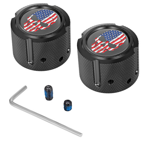 Figurati Designs Axle Nut Cover - Front - Stainless Steel - Red/White/Blue Flag Skull - Black Fd25-Fac-Bk