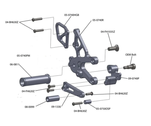 05-0746B Aprilia RSV4 , Tuono V4 STD Shift  Complete Rearset W/Pedals