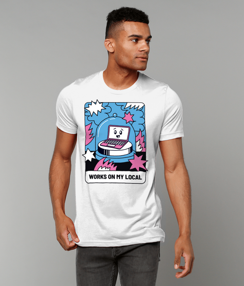 Model wearing the "Works on My Local" T-shirt paired with jeans, showcasing a comfortable and stylish fit for everyday wear.