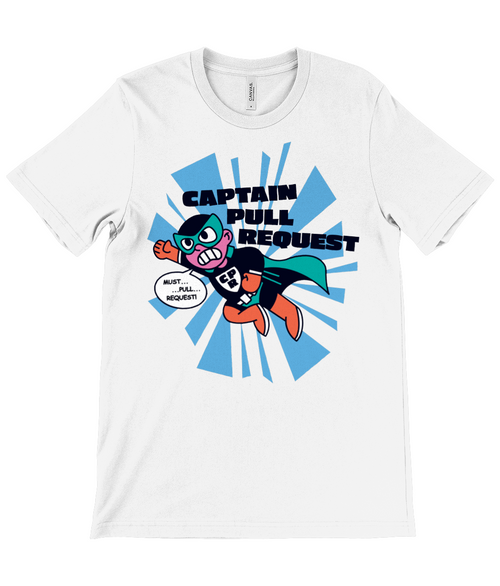Zoom-in of the "Captain Pull Request" slogan, showcasing its crisp print and high-quality material.
