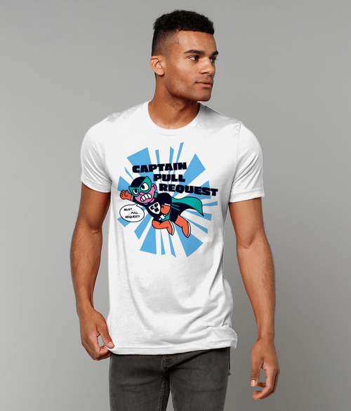 Model wearing the "Captain Pull Request" T-shirt, paired with jeans, showcasing its relaxed and comfortable fit.