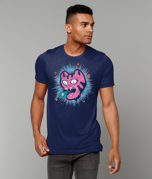 Blue T-shirt featuring the unique Ocelot design in vibrant colours, showcasing the creativity of 5874 Commerce.