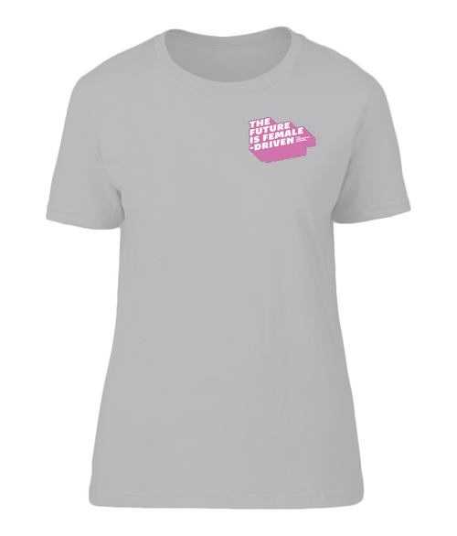 Zoom-in of the "The Future is Female-Driven" Chest Logo slogan, highlighting its sleek design and vibrant print quality on a grey tshirt.