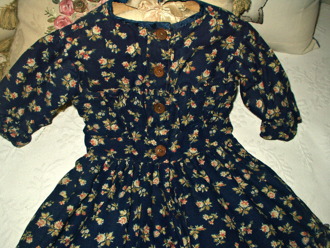 Victorian Blue Challis Children Baby Doll Antique Dress Floral Print ...