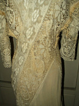 Antique Edwardian 1920s Ivory Silk Crepe Chiffon Embroidery Bobbin Lace Wedding  Dress 