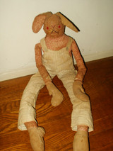 Early 1900 Hand Made Cloth Rabbit Doll Double Pink Calico Body Stripe Overalls