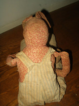 Early 1900 Hand Made Cloth Rabbit Doll Double Pink Calico Body Stripe Overalls