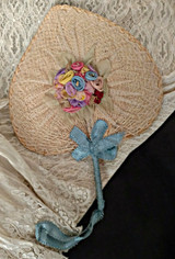 Vintage 1920 Natural Straw Fan Rosette Flowers Lace Ribbon
