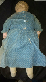 Vintage Compo Cloth Doll Tin Head Blue Calico Dress  1920s AS IS