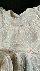 Vintage Doll Dress Bonnet Home Sewn 1930s Dotted Swiss Ruffles  Lace Trim  