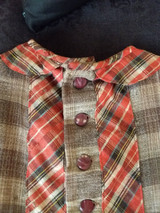 1880 Child Wool Dress Brown Plaid Red Trim Antique Children Clothing