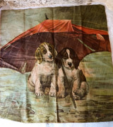 Antique Victorian Lithograph Pillow Top Fabric Two Dogs Rainy Day