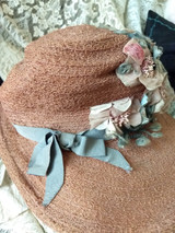 Edwardian WW 1 Straw Hat Wide Brim Fabric Flowers Embellishment