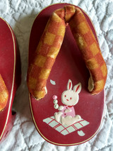 Children Vintage Wooden Clog Sandals Thongs Flip Flop Geta Shoes 1950s Rabbit 