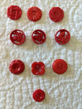 10 Buttons Early Plastic Assorted Red Carved Cutout 1930s 1940s