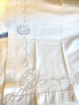  1900 Linen Bolster Sham Sheet Return Drawnwork Flowers Figural Bed Cover