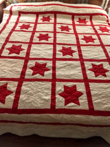 1900 Victorian Antique Red White Star Quilt Hand Stitched Quilting 