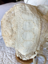 Antique 1800 1850 Whitework Embroidery Muslin Baby Bonnet Christening Lace Trim 