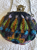 Beaded Purse Brass Filigree Frame Chain Handle  1900s Colorful Beads