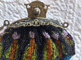 Beaded Purse Brass Filigree Frame Chain Handle  1900s Colorful Beads