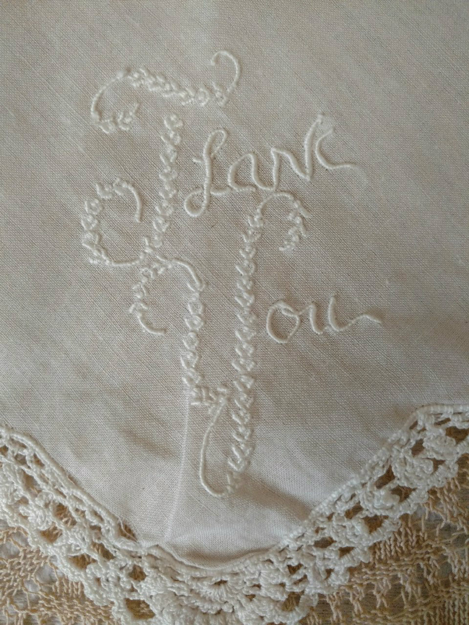 Vintage Embroidery Thank You Handkerchief Crochet Edge Corner Hankie