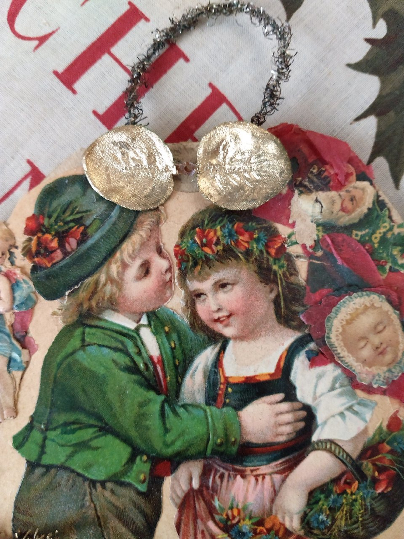 Antique Little Girl Bonnet Tinsel Victorian Scrap Christmas