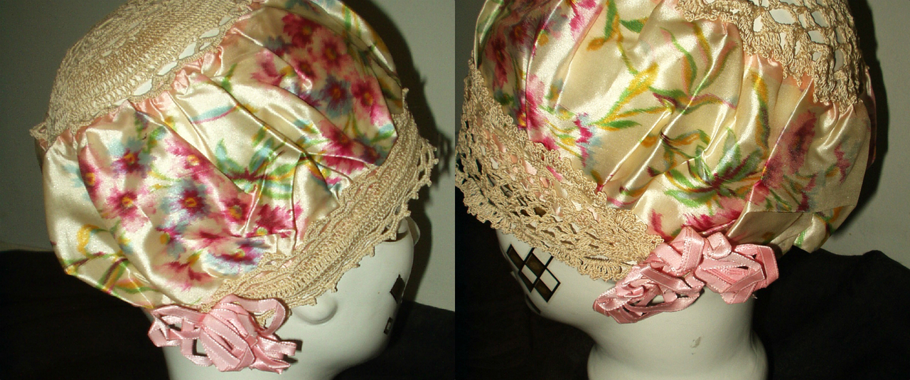 Vintage 1920 Filet Crochet Baby Bonnet Pink Silk Lining Ribbon Bows - The  Gatherings Antique Vintage