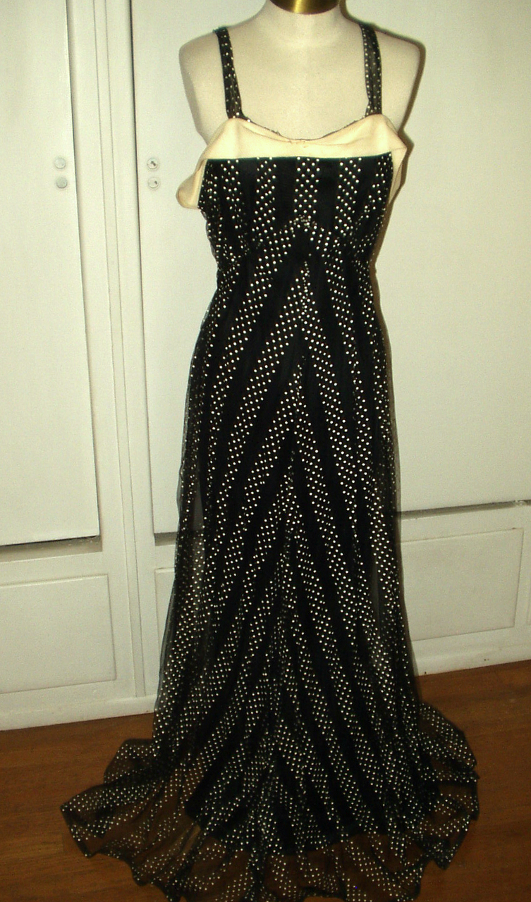 Vintage 1930 Evening Gown Party Formal Dress Sheer Black Dotted Swiss ...