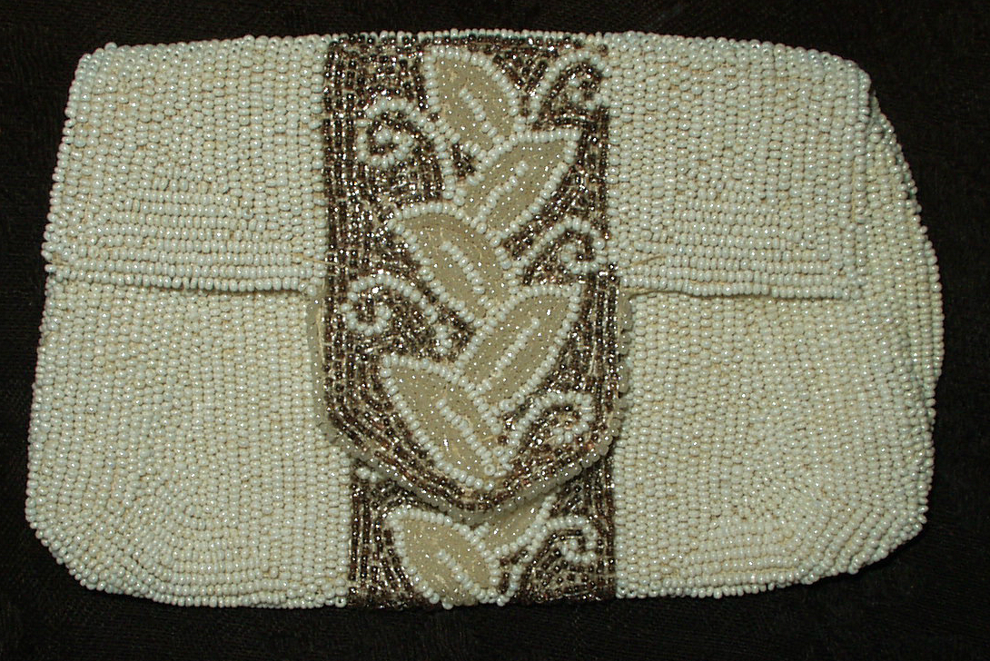Vintage 1930 Beaded Purse Made In France Label White Seed Beads Clutch Bag