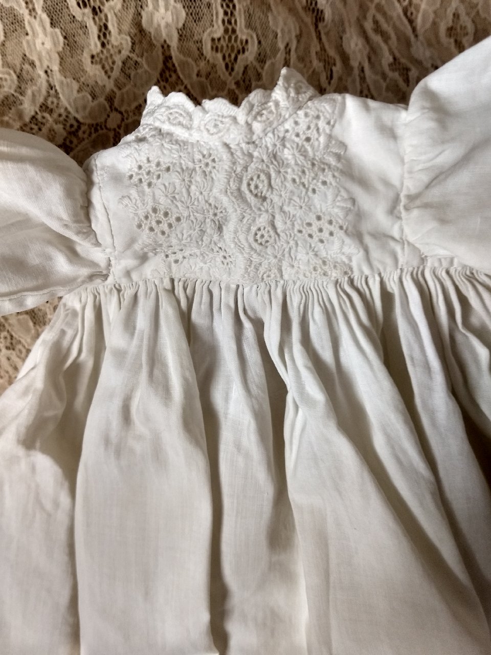 Old Doll Dress Long White Christening Whitework Embroidery Yoke Cuffs ...