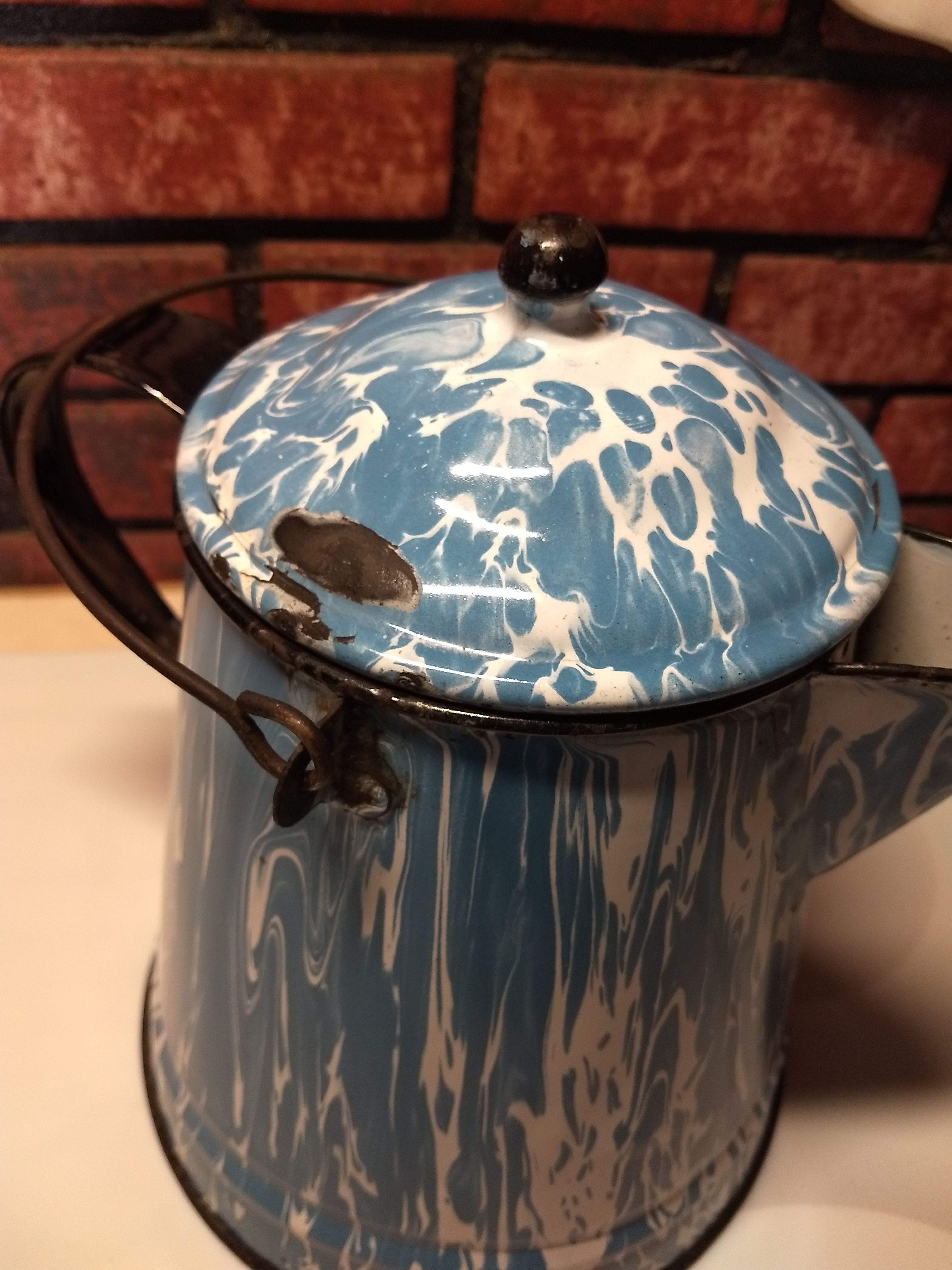 Vintage Blue Enamelware Coffee Pot