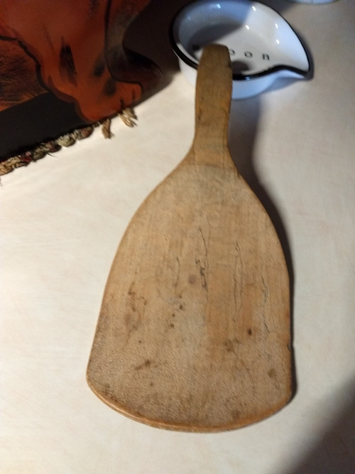 Antique Primitive Wooden 15” DOUGH BOWL Farmhouse + Wood Butter Paddle Spoon