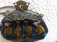 Beaded Purse Brass Filigree Frame Chain Handle  1900s Colorful Beads