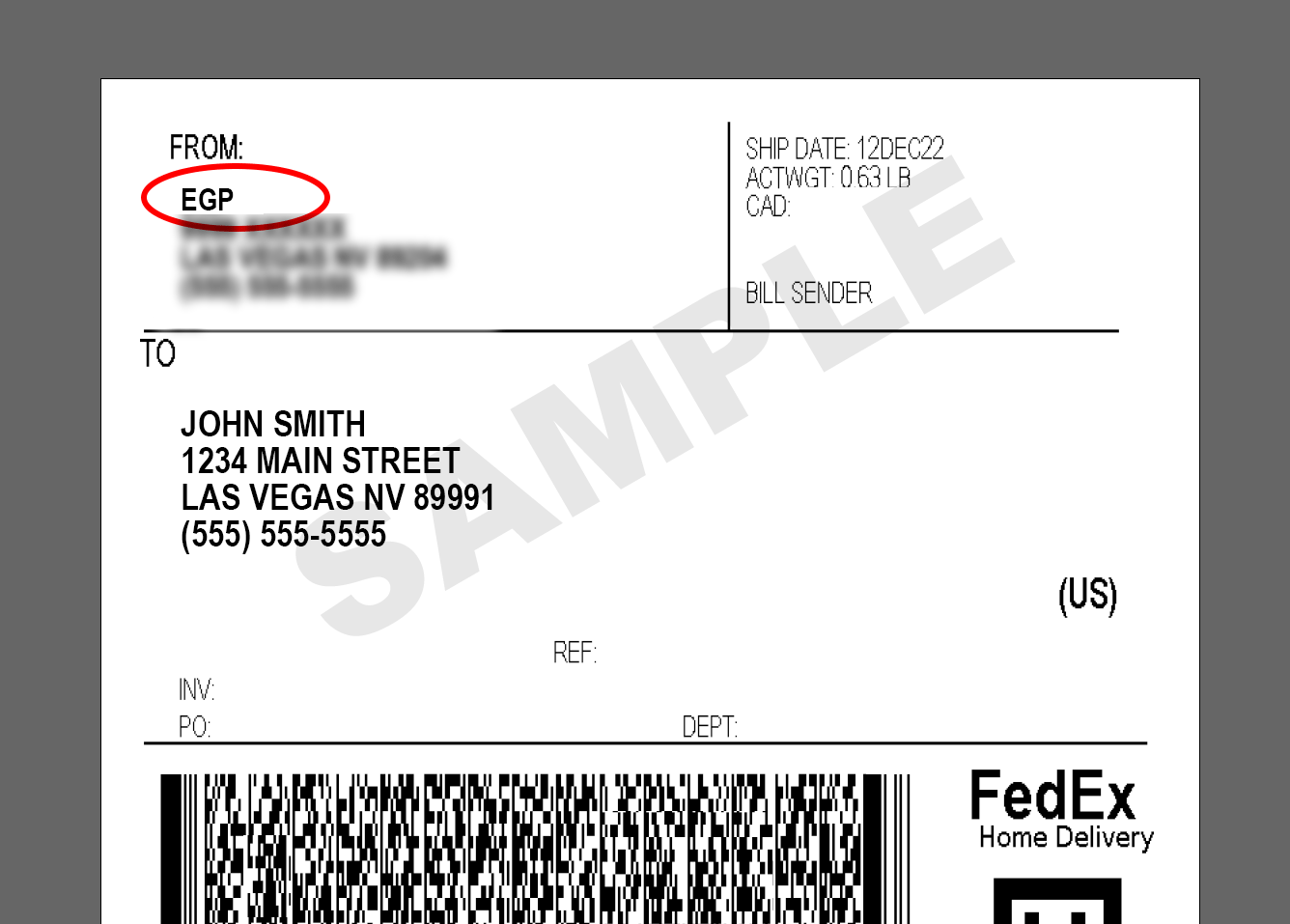EGP shipping label mockup identifying the sender only as EGP