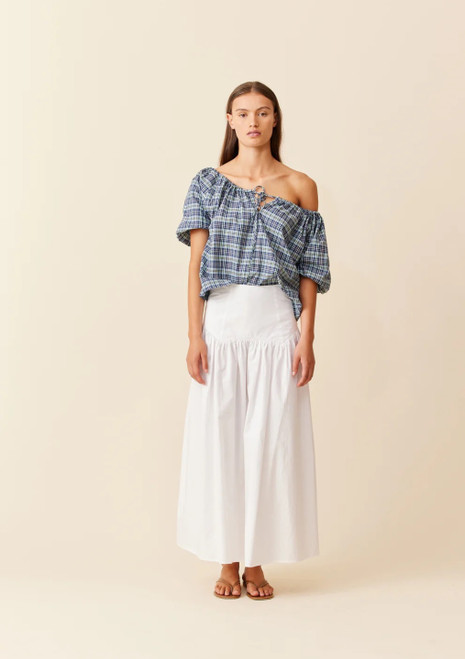 Ruby | Hydra Off Shoulder Blouse - Navy Yellow Tartan