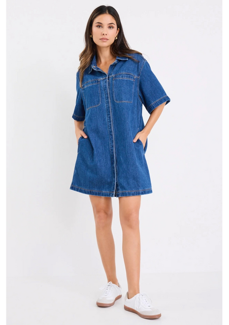 Stories To Be Told | Shortcut Denim Short Sleeve Boxy Mini Shirt Dress - Storm Blue Stories To Be Told | Shortcut Denim Short Sleeve Boxy Mini Shirt Dress - Storm Blue