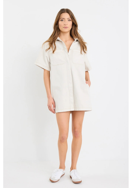 Stories To Be Told | Shortcut Denim Short Sleeve Boxy Mini Shirt Dress - Ecru Stories To Be Told | Shortcut Denim Short Sleeve Boxy Mini Shirt Dress - Ecru