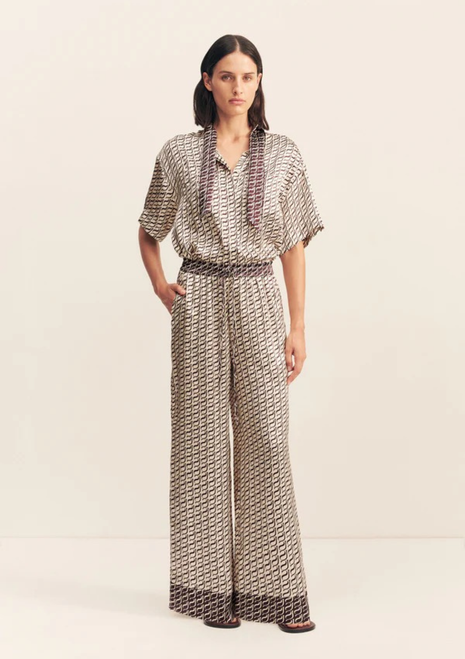 Shona Joy | Monogram Silk Contrast Pant - Espresso Stamp