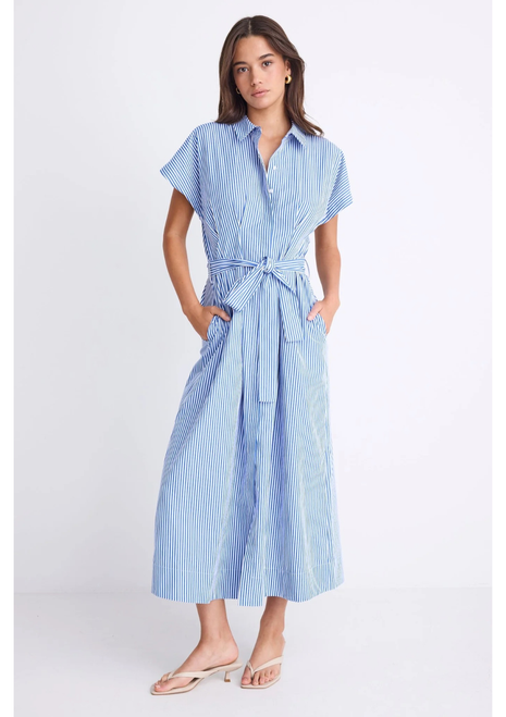 Among The Brave | Camden Short Sleeve Pleated Midi Shirt Dress - Bright Blue Stripe