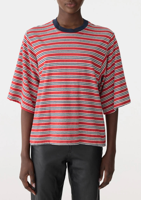 Bassike | Stripe Quarter Sleeve T-Shirt - Red/Navy/Natural
