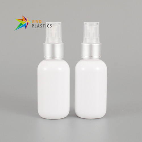 50ml White PET Round Shoulder Bottle with Mist Spray (Matte Silver)